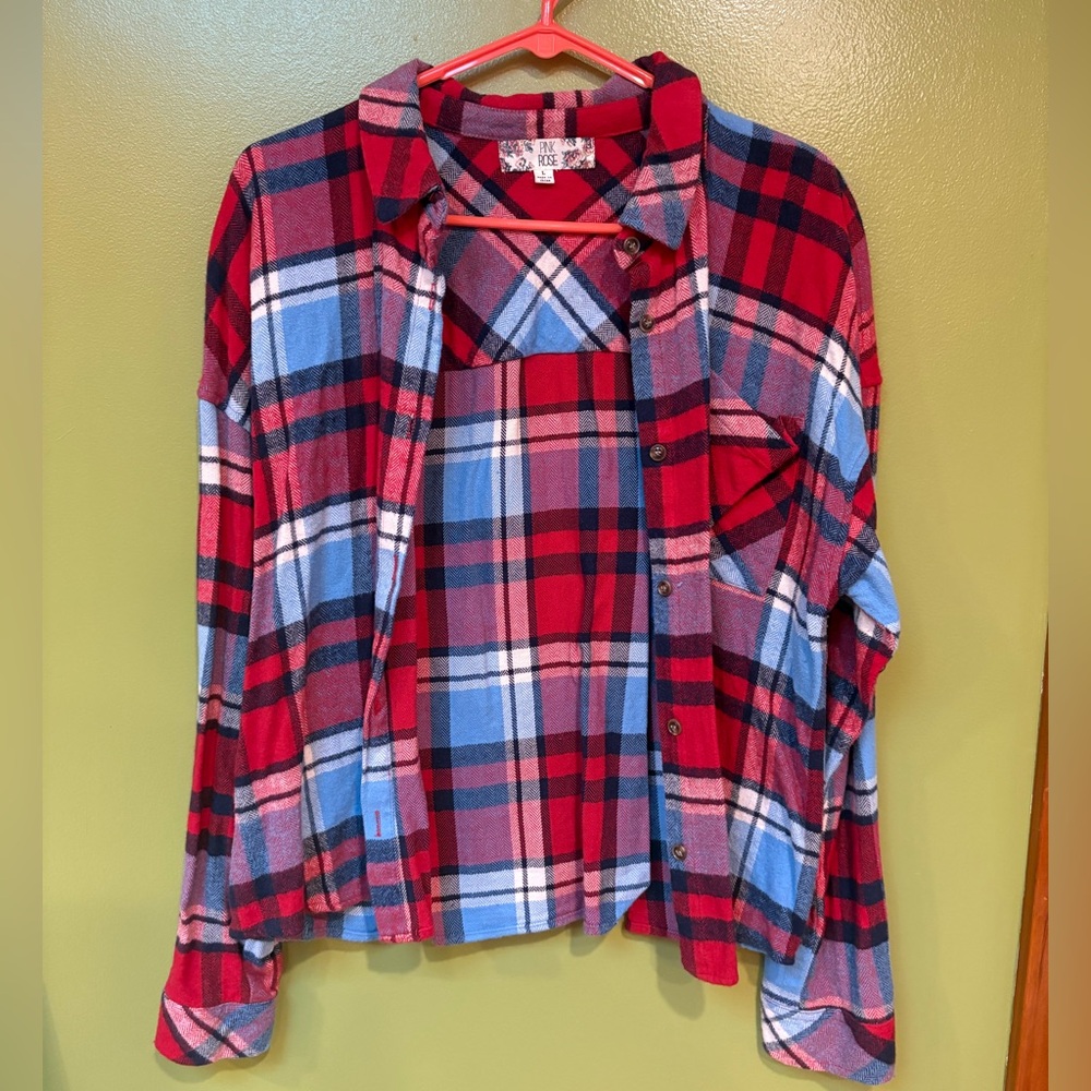 Pink Rose Plaid Button-Down Shirt in Red and Blue